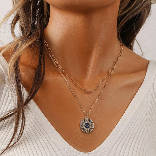 Light luxury niche design fashion trend double-layer round coin galaxy moon oil drop necklace versatile personality female