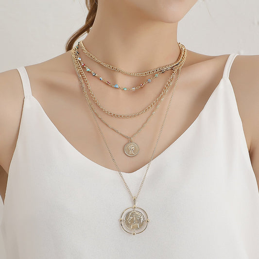 Jewelry Alloy Round Card Pendant Multilayer Necklace Women's Fashion Thick Chain Devil's Eye Necklace