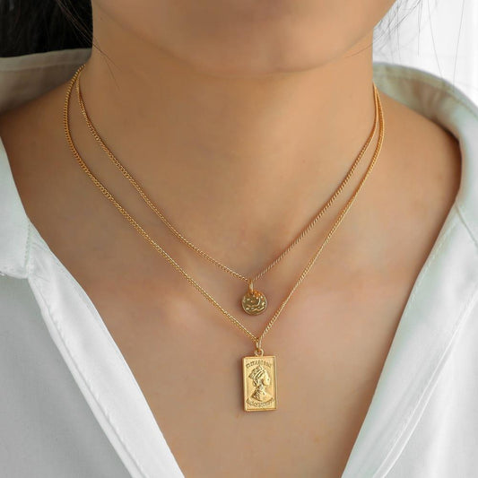 Necklace Creative Coin Embossed Avatar Hip Hop Shield Pendant Personality Trendy Double Layer Necklace