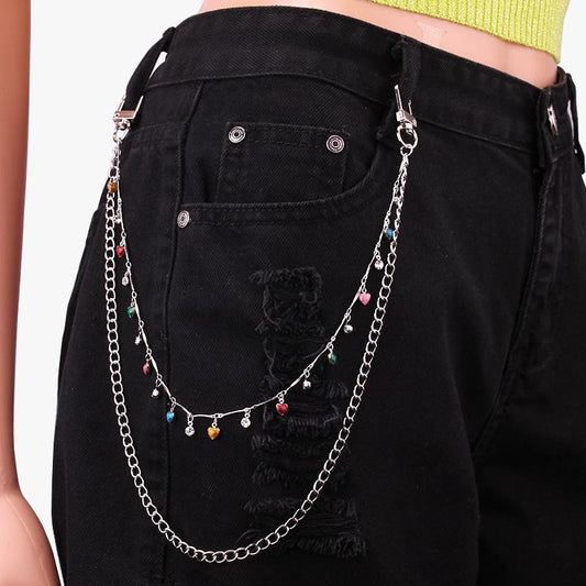 Jewelry Color Heart Pendant Pants Chain Simple Versatile Rhinestone Double Layer Jeans Jewelry