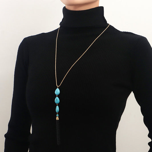 Accessories INS turquoise fringed sweater chain high-quality women's sweater necklace jewelry