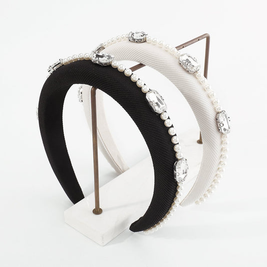 F492 French Retro Elegant Pearl Water Drill Headband Sponge High Skull Top Personality Light Luxury Atmosphere Fashionable Headband