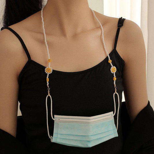 Cute smiling face pearl mask hanging chain necklace fresh sun flower acrylic smiling glasses chain