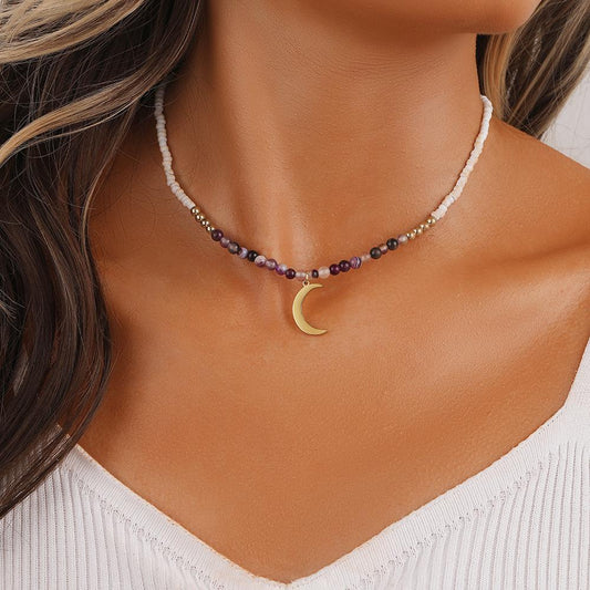 Color Zircon Crescent Pendant Light Luxury Niche Design Sense Short Stainless Steel Moon Beaded Amethyst Stone Necklace