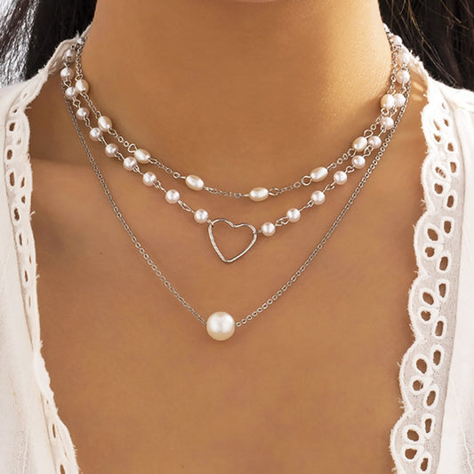 Jewelry simple round bead metal chain necklace temperament imitation pearl heart-shaped multi-layer necklace female