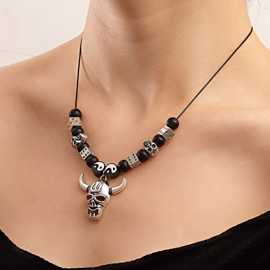 Fashion Jewelry Handwoven Rope Tai Chi Bagua Yin Yang Hollow Creative Skull Bull Head Pendant Necklace Female