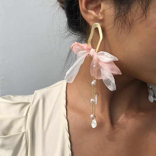 E8384 Jewelry bowknot women's earrings long fabric tassel earrings supply