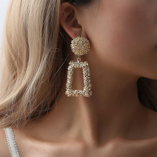 Exaggerated Atmospheric Matte Trendy Geometric Earrings Creative Personality Embossed Trapezoidal Long Metal Earrings