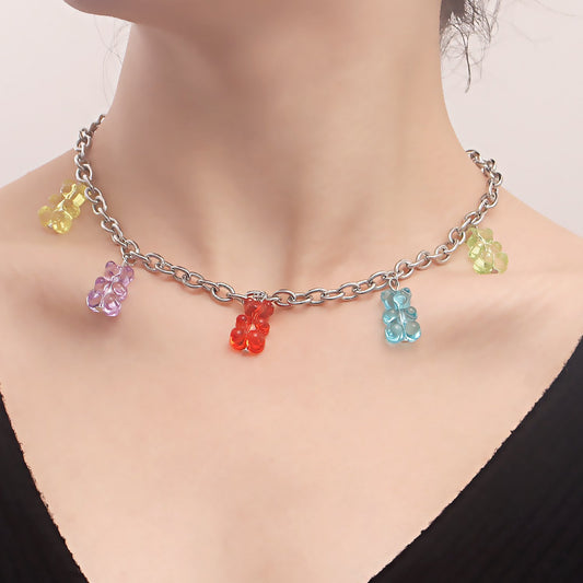 Jewelry geometric exaggerated O word chain colorful bear pendant necklace femininity small fresh necklace