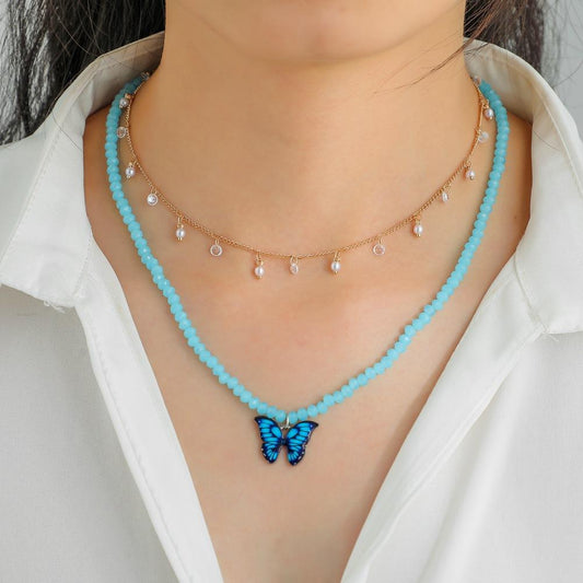 ins simple small round bead clavicle necklace fashion crystal bead glaze butterfly pendant double stacked necklace
