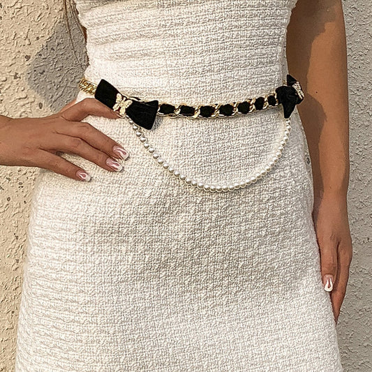 Temperament small velvet cloth chain pearl waist chain fashion retro diamond small butterfly belt body chain