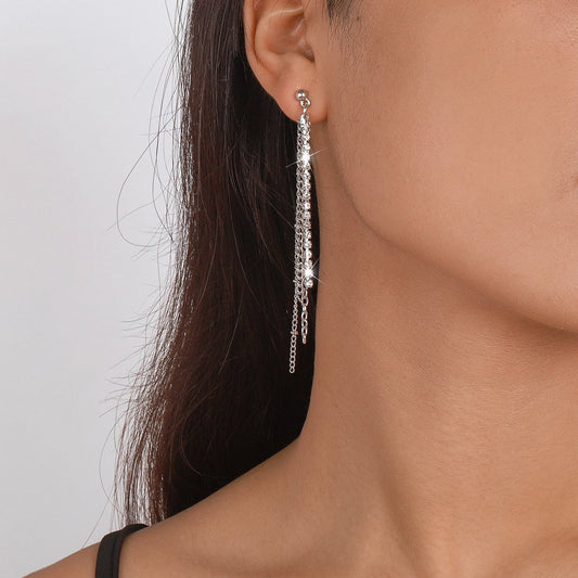 E1748 Exaggerated Long Earrings Rhinestone Chain Tassel Personality Earrings Temperament Smart Elegant Earrings