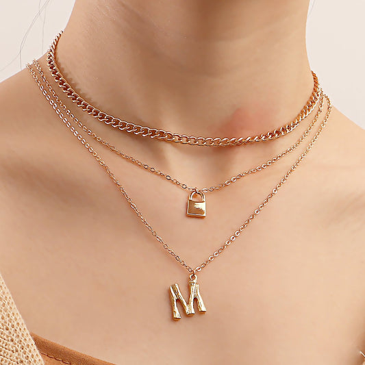 Explosive multi-layer necklace female fashion letter M pendant necklace multi-layer personalized padlock accessories