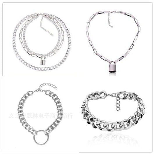 Personalized street hip-hop jumping di multi-necklace combination set chain net red all-match lock sweater chain