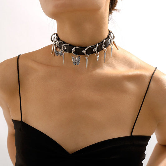 N1867 Sweet and Cool Personality PU Collar Female Rivet Butterfly Creative Rock Harajuku Leather Necklace