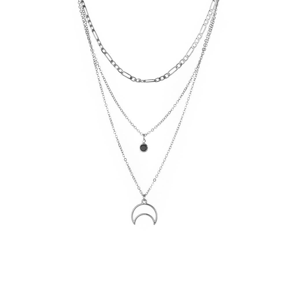 Fashion Retro Alloy Moon Black Bezel Diamond Pendant Necklace Multilayer Chain Clavicle Chain Jewelry