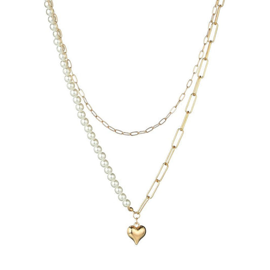 Golden Love Chain Pearl Stitching Double Stacked Necklace Fashion Ins Cold Clavicle Chain Necklace