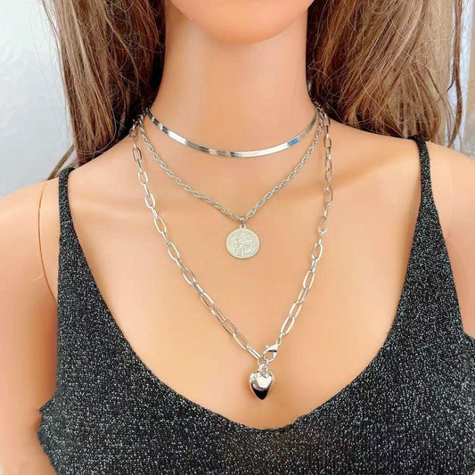 Necklace Retro Temperament Portrait Round Card Necklace Female Simple Peach Heart Metal Chain Three Layers Necklace