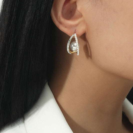 C-word earrings with pearls and diamonds Temperament design ear jewelry trendy versatile niche temperament super fairy jewelry