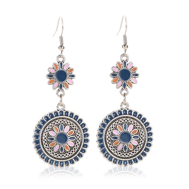 Ethnic color drop oil long small daisy retro earrings palace carved metal flower totem earrings