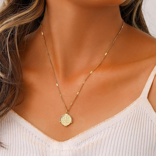 Crossover Fashion Simple Temperament Charming Stainless Steel Gold Retro Round Coin Short Necklace for Women