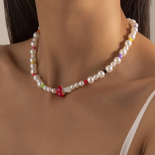 Jewelry Temperament Clavicle Imitation Pearl Mushroom Necklace Creative Beaded Rice Beads Necklace Female