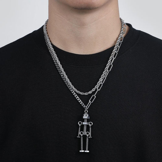 Simple design double-layer hip-hop twist chain screw style robot splicing men's necklace stacked