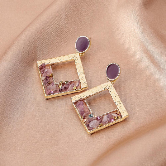 Ins earrings geometric square hollow purple crushed stone original stone earrings personality temperament ear jewelry
