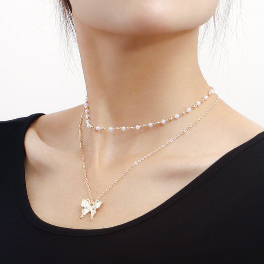Necklace Fashion Double Pearl Clavicle Chain Butterfly Pendant Necklace Female Jewelry