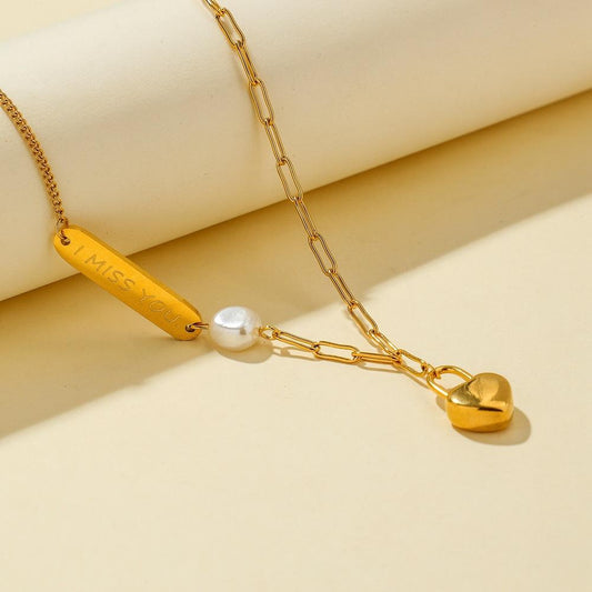 ins titanium steel gold-plated three-dimensional love lock pendant fashion square brand Imissyou temperament pearl necklace
