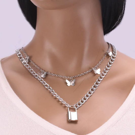Fashion simple personality butterfly clavicle chain necklace hip-hop punk thick chain lock necklace female