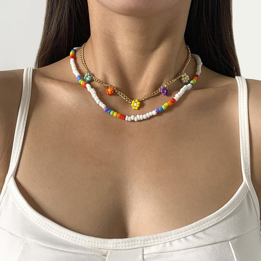 Jewelry sweet cool small daisy flower pendant simple color rice beads beaded necklace female