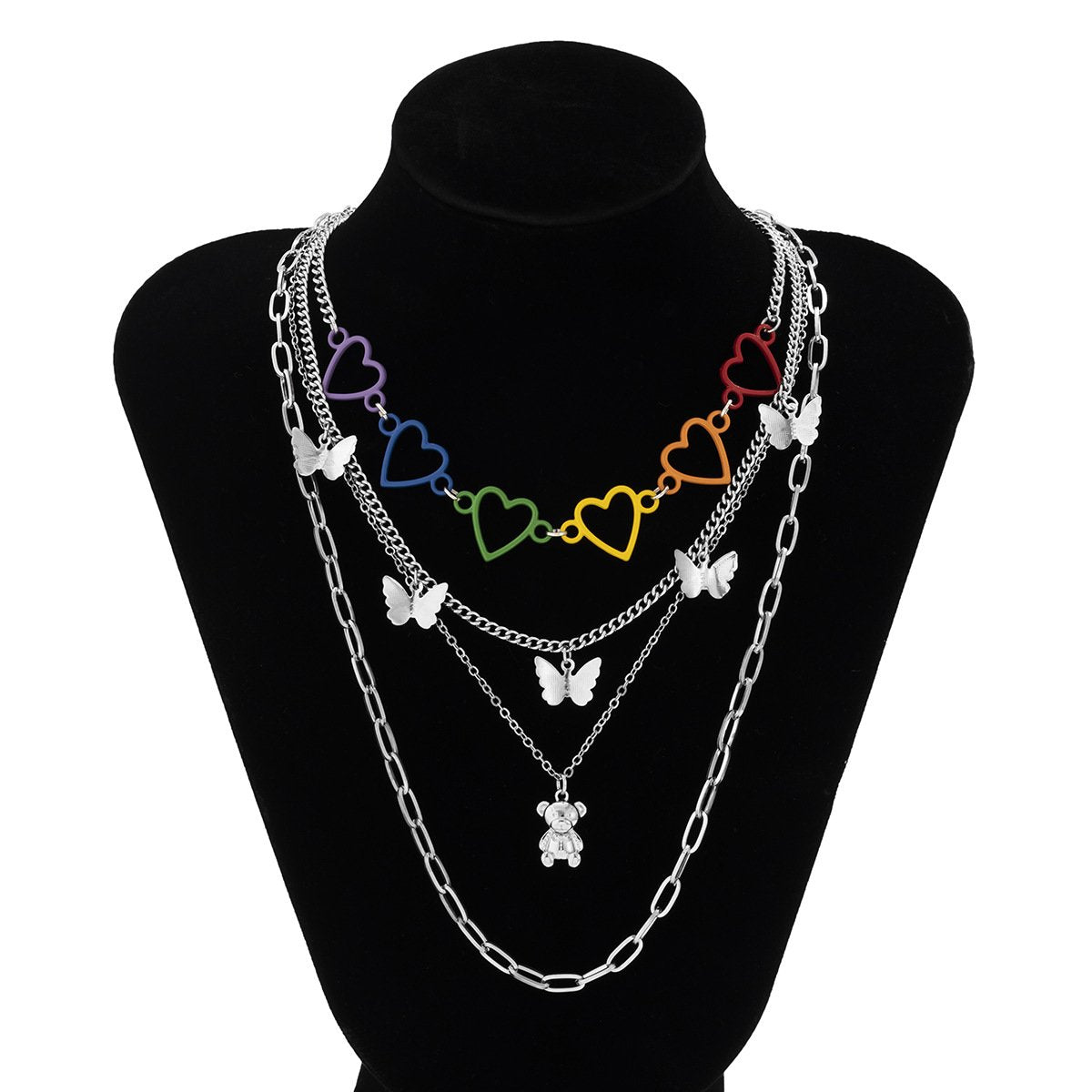 Jewelry Punk Butterfly Bear Tassel Necklace Female Mix and Match Color Peach Heart Necklace Set