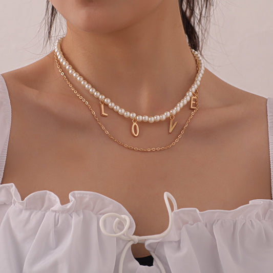 Jewelry Fashion Pearl Geometric Double Chain Necklace Female Popular English LOVE Letter Necklace