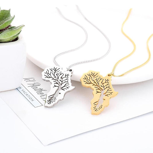 Africa Map Tree of Life Stainless Steel Pendant Personality Hip Hop Necklace Jewelry