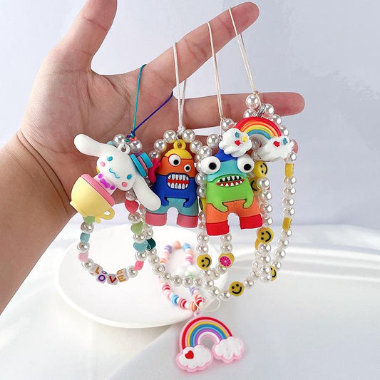 Simple monster rainbow non-slip bag chain cute cinnamon dog soft pottery mobile phone case anti-lost pendant pearl chain