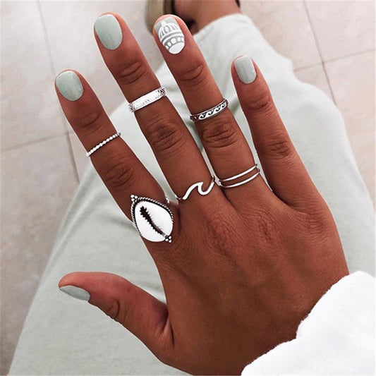 Retro Geometric Alloy Pattern Natural Shell Joint Ring Set 7 Pieces Combination Rings