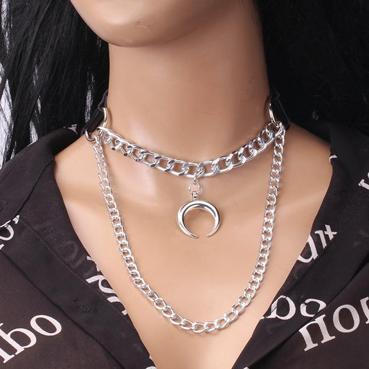 Cool Harajuku petal-shaped pendant multi-layer chain collar necklace fashion trend leather collar collar chain clavicle chain
