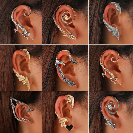 Retro punk elf flying dragon ear hanging single creative metal cat bat without hole ear bone clip