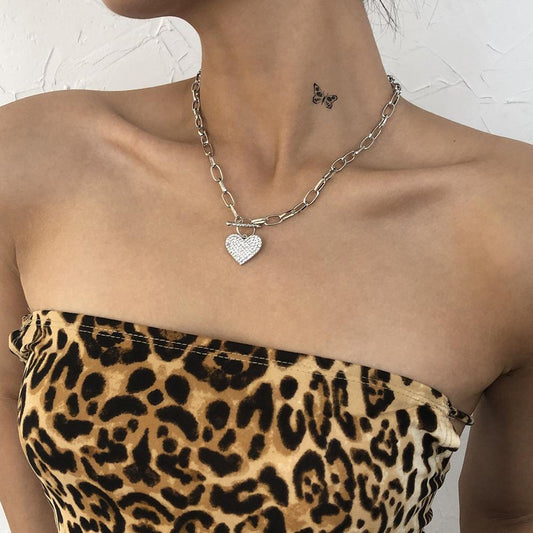 N8321 fashion exaggerated punk metal chain single layer necklace trendy heart-shaped diamond necklace