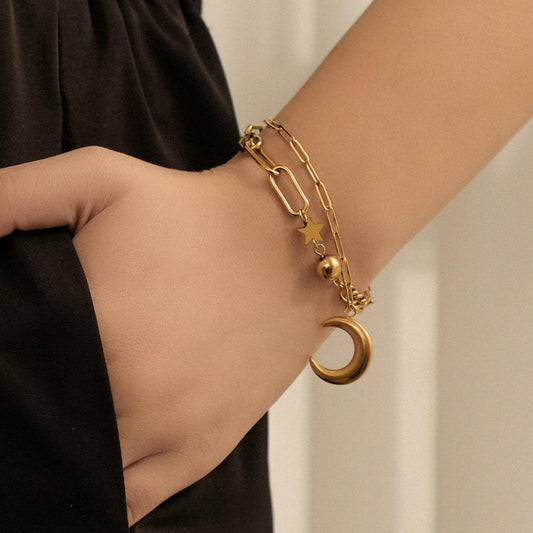 Stainless Steel Stitching Bracelet Creative Pentagonal Star Moon Double Layer Hand Jewelry Temperament Fashion Accessories