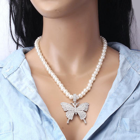 Jewelry simple single-layer tassel all-match necklace female personality generous diamond butterfly pearl necklace