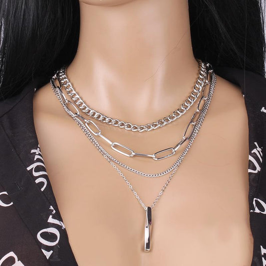 Creative twisted metal rod tassel multi-layer set chain stacked cross chain sweet cool necklace