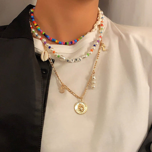 Jewelry Vacation Rice Bead Shell Clavicle Necklace Imitation Pearl Alphabet Portrait Tag Necklace