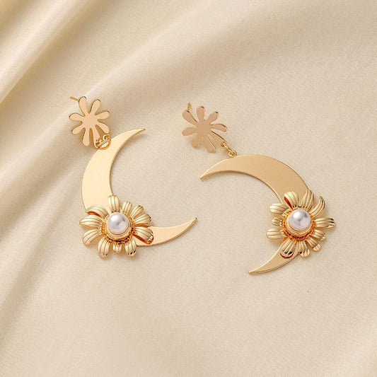 Pearl Moon Surrounding the Sun Ladies High Sense Exaggerated Moon Flower Pearl Earrings