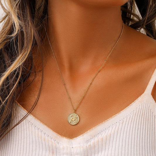 Fashion Simple Stainless Steel Gold Vintage Coin Pictogram Choker Necklace for Women