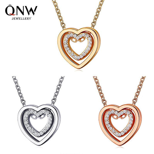Simple Double Love Necklace Fashion Versatile Full Diamond Hollow Crystal Double Heart Pendant Clavicle Chain Trend Jewelry