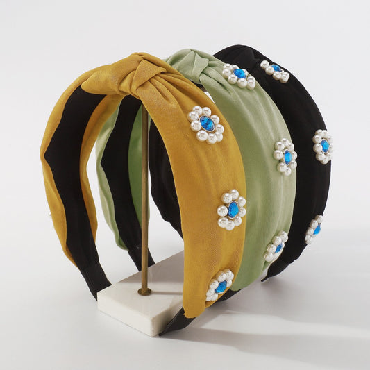 F4525 rhinestone pure color temperament headband imitation pearl niche elegant wide-brimmed fabric knotted going out headband