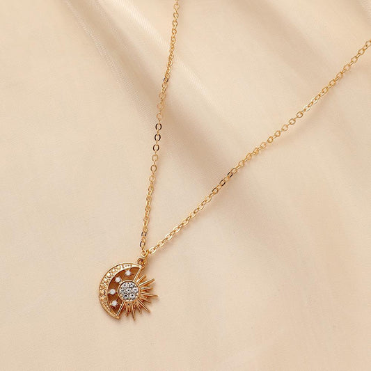 Fashion simple ladies metal hollow moon sun full diamond pendant necklace choker clavicle chain