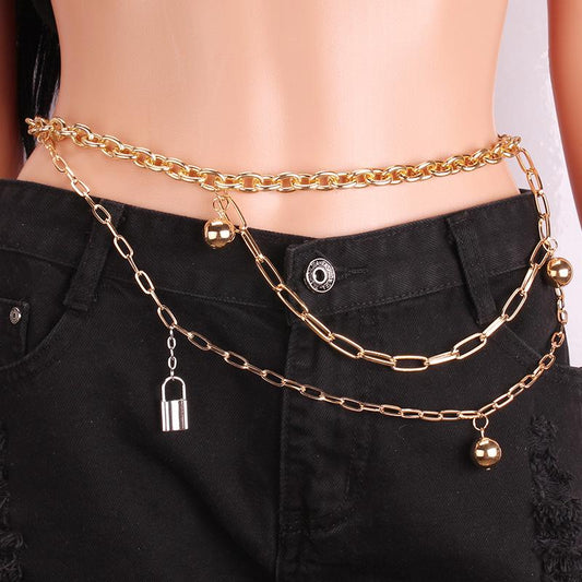 Trendy retro padlock ball decoration body chain female fashion personality multi-layer chain waist chain